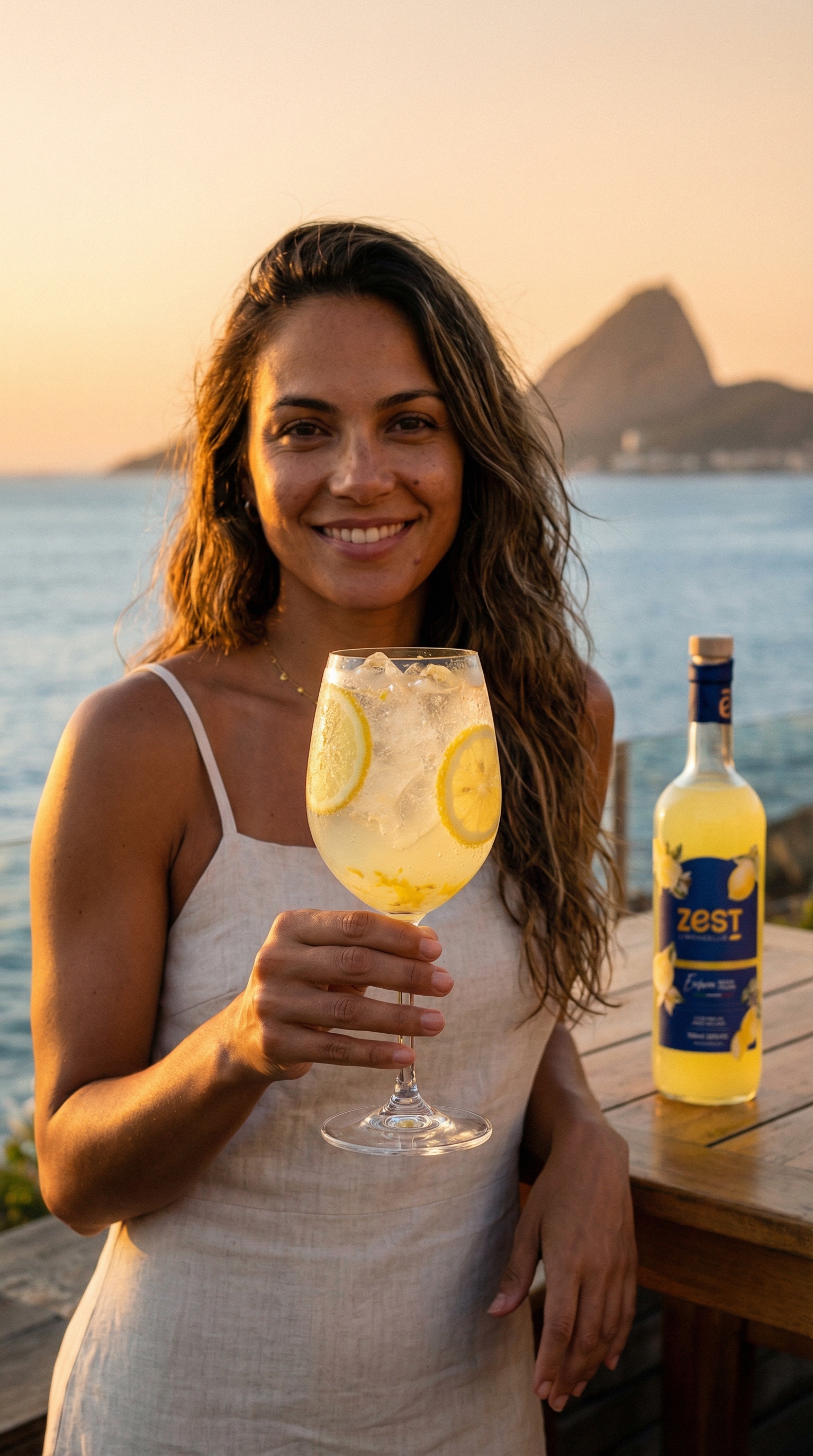 Mulher com Zest Spritz ao pôr do sol no Rio de Janeiro